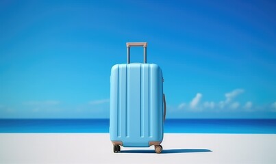 Blue suitcase with sun glasses, hat and camera on pastel blue background. travel concept