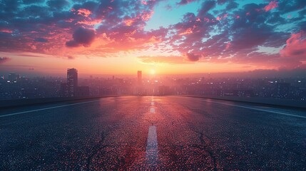 Wall Mural - Panoramic skyline and modern commercial buildings with empty road. Asphalt road and cityscape at sunrise  Generative AI