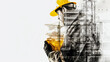  An engineer's hand holding a yellow hat. Drawing of a modern factory . A conceptual collage