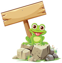 Cheerful Frog Sitting On A Rock, Blank Sign Above