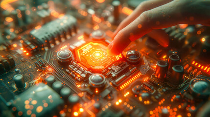 Poster - A powerful modern futuristic processor for computing and working with big data on a motherboard with transistors and resistor chips