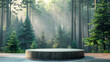 © AI Art Factory - Empty wooden podium in a serene misty pine forest, ideal for product display with a natural backdrop.