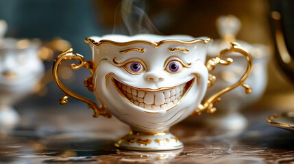 White cup with a gold handle its face drawn in a mischievous grin tea bubbling over in a scene of whimsical artistry