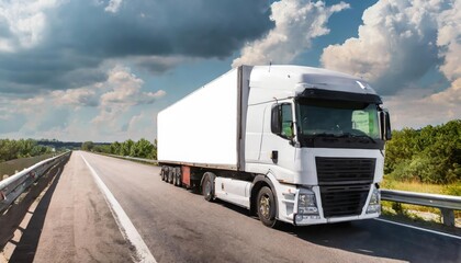 a white cargo truck with a white blank empty trailer for ad on a highway road in the united states. beautiful nature mountains and sky. golden hour sunset. driving in motion. 