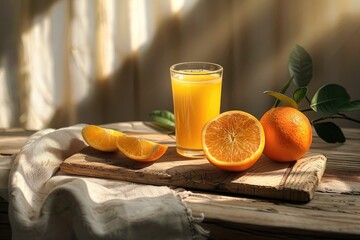 Wall Mural - Orange juice in drinking glass on table-top. Sun-lit background.