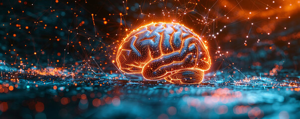 Wall Mural - A close-up of a human brain with artificial intelligence connections, representing the integration of technology with human thought.