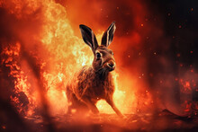 A Rabbit Cautiously Stands In The Forest, Its Surroundings Hinting At The Environmental Issue Of A Nearby Fire