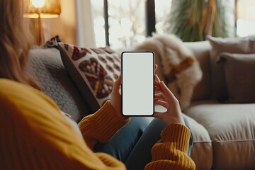 Woman using mobile smartphone with blank white screen on sofa in living room, copy space. mockup