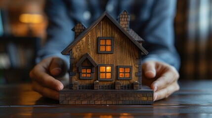 Businessman holding model small building house, Real estate agents offer contracts to buy or rent housing.