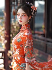 Wall Mural - a beautiful Chinese woman wearing a traditional Chinese Qipao Chinese New Year dress