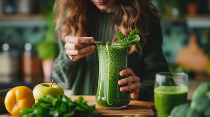 Wall Mural - Young woman preparing healthy green smoothie in kitchen.