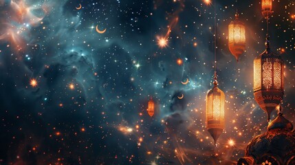 Wall Mural - Ramadan Celebration with Traditional Lanterns and a Crescent Moon in a Mystical Sky