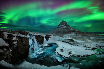 Wall Mural - aurora borealis or northern lights over kirkjufell mountain in iceland
