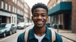 Portrait of a confident african young male university college student in the middle of city street smiling looking at camera from Generative AI