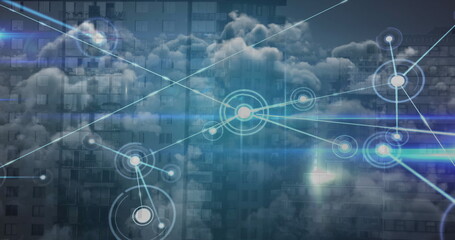 Poster - Image of network of connections over modern building and clouds