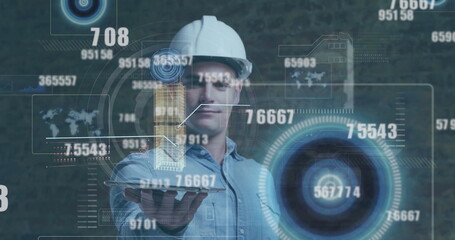 Poster - Image of numbers changing and data processing over male engineer holding tablet
