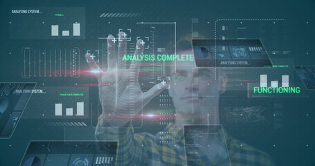 Poster - Image of identity data processing over businessman touching biometric screen in background