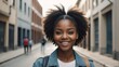 © Arceli - Portrait of a confident black african young female university college student in the middle of city street smiling looking at camera from Generative AI