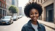 © Arceli - Portrait of a confident black african young female university college student in the middle of city street smiling looking at camera from Generative AI