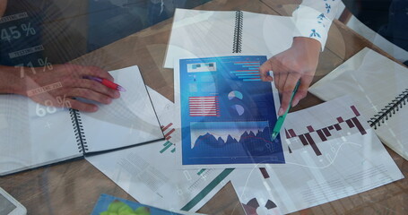 Poster - Image of data processing over diverse business people with documents