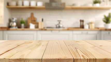 Table Wooden Kitchen Banner with Abstract warm tone, Blurred Background, Empty Space for Product Display in Modern Living, Empty Beautiful wood table top and blurred bokeh modern kitchen background