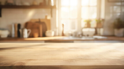 Table Wooden Kitchen Banner with Abstract warm tone, Blurred Background, Empty Space for Product Display in Modern Living, Empty Beautiful wood table top and blurred bokeh modern kitchen background 