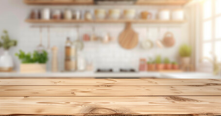 Wall Mural - Table Wooden Kitchen Banner with Abstract warm tone, Blurred Background, Empty Space for Product Display in Modern Living, Empty Beautiful wood table top and blurred bokeh modern kitchen background 