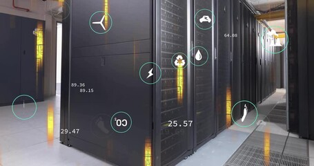 Poster - Animation of digital eco icons and data processing over computer servers
