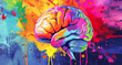 A colorful artistic representation of a brain set against a vibrant, paint-splattered background. Ai generative