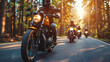 Group of cruiser-chopper motorcycle riders on the road.