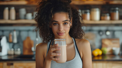 Sticker - Confident young woman in sports clothing drinking protein cocktail while standing at the kitchen.