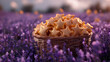 Wicker basket with gold stars in a lavender field