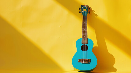 Wall Mural - A bold blue ukulele against a sunny yellow backdrop, its small but mighty frame ready to strum cheerful tunes that spread joy and happiness.