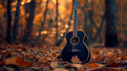 Wall Mural - A sleek black acoustic guitar against a backdrop of autumn leaves, its strings echoing the rustle of falling foliage, ready to produce melodies that capture the essence of the changing seasons.