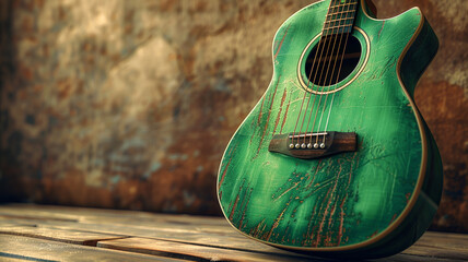 Wall Mural - A vibrant green acoustic guitar against a backdrop of earthy brown, its wooden body resonating with warm tones, ready to produce melodies that evoke the beauty of nature.