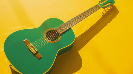 Wall Mural - A vibrant green acoustic guitar against a sunny yellow backdrop, its wooden body and strings ready to produce warm and resonant tones that evoke feelings of tranquility and joy.