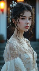 Wall Mural - a young Chinese girl wearing a Hanfu wedding dress, in front of the church, traditional fashion