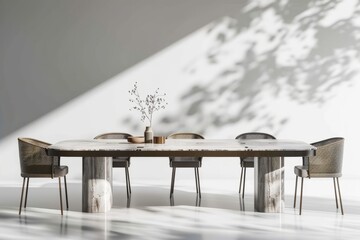 Poster - Simple grey dining space featuring a lengthy dining table, on isolated white background, Generative AI