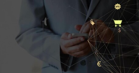 Poster - Animation of network of retail icons over midsection of caucasian businessman using smartphone