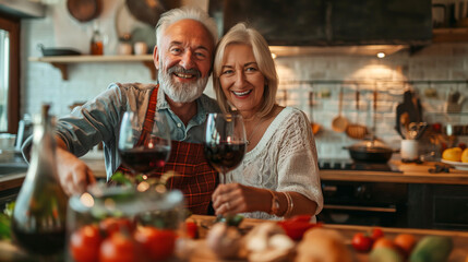 Sticker - Old couple in kitchen, wine and happiness, cooking healthy food together in home with vegetables. Drink, smile and senior woman with glass in house with man, meal prep and happy lunch in retirement.