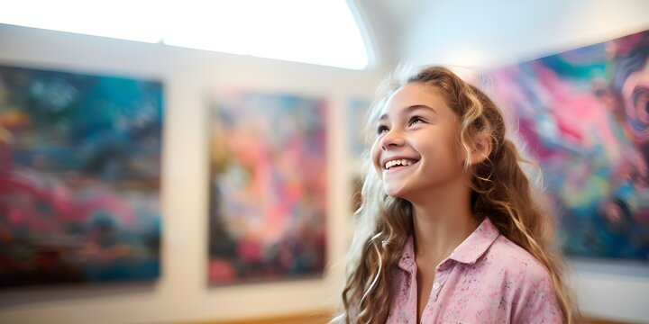 Adolescent girl smiling and feeling inspired by artworks in an art gallery. Concept Art Gallery Visit, Adolescent Portraits, Artistic Inspiration