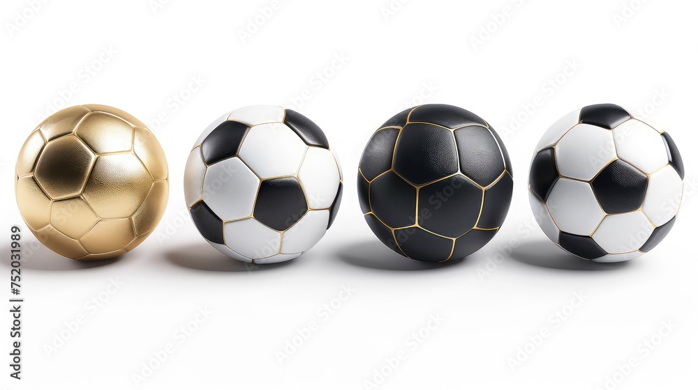 Realistic 3D Design of Soccer Ball Set in Golden, White, and Black ...