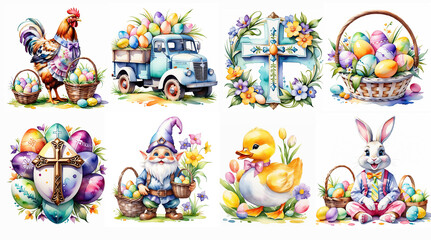  Set of Easter elements. Easter basket,eggs,bunny, sheep,flowers,chicken,gnome,car.Generative AI