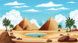 Cartoon illustration of pyramids beside a desert oasis.