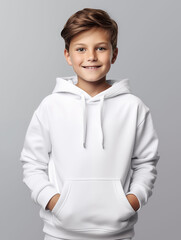 Cute little boy wearing a white long sleeve hoodie sweatshirt mockup with a blank canvas