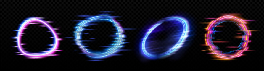 Poster - neon glowing circle frame with glitch effect on black background. realistic vector illustration set 