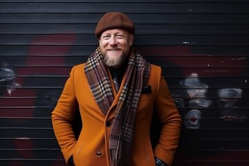 Wall Mural - Portrait of a happy senior man in a coat, hat and scarf