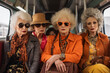 Four vibrant senior women in eye-catching attire and accessories, bringing a dash of bold color and style to a daytime city bus journey.