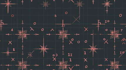 A black and pink background with a pattern of stars and numbers