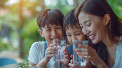 Wall Mural - Happy Asian family drinking fresh water for heathly concept.